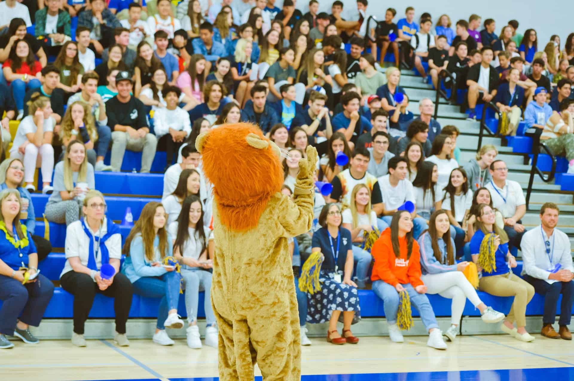 SDJA Lion mascot standing in front of a gym full of students