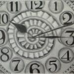 Black and white painting of a clock face