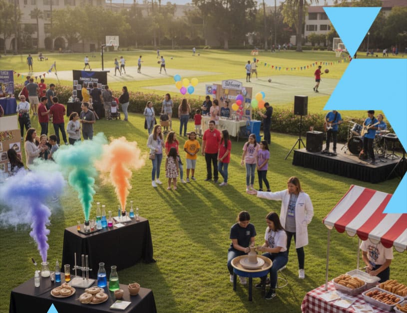 Aerial view of a fair-type gathering on a large grassy field.