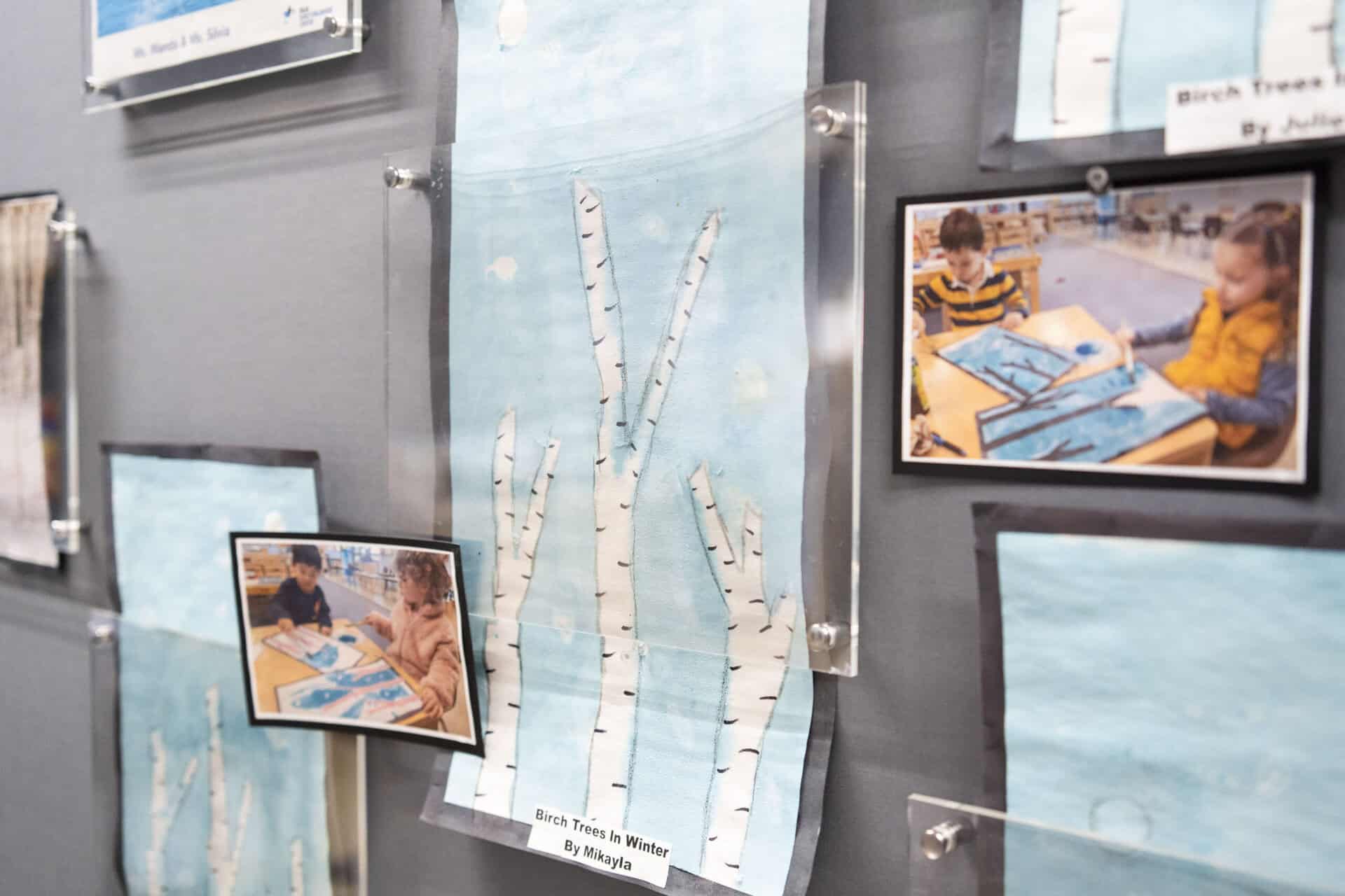 Artwork of birch trees hanging on a wall during an SDJA art show