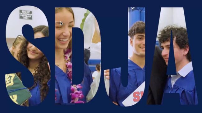 SDJA lettering, with photos of graduating students inside the shapes of the letters.