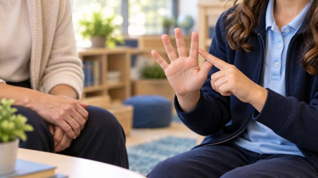 A child traces her fingers as part of a breathing exercise, while an adult sits nearby.