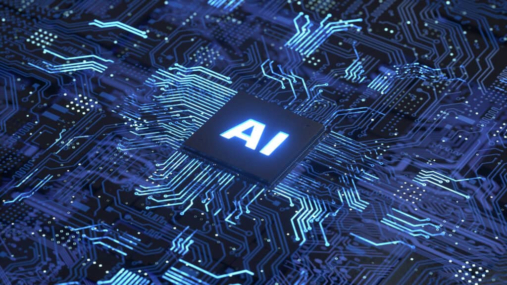 Abstract circuit board with a chip that says "AI"