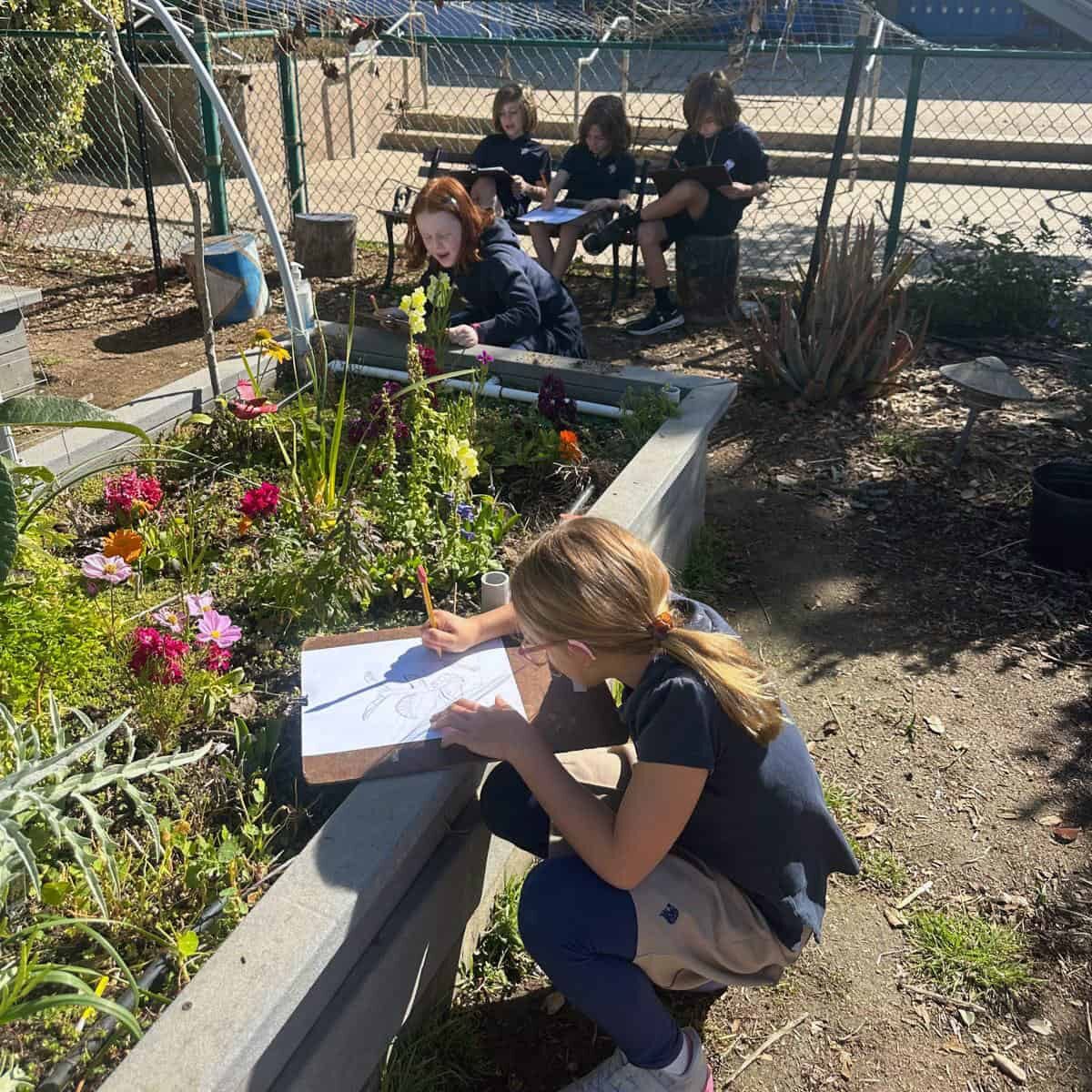 Students planting and taking notes in a garden