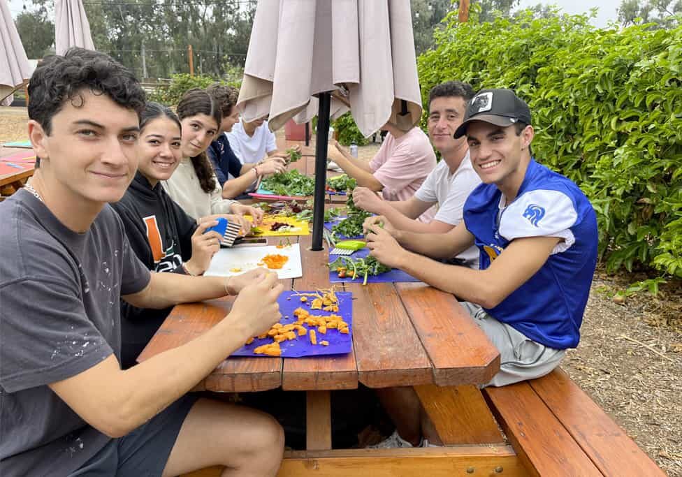 Upper school students sitting at a picnic table.